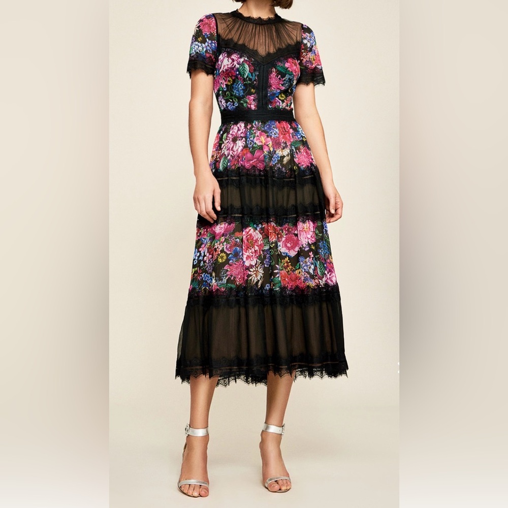 Tadashi Shoji Black Multi Floral Lace Tiered Midi Dress